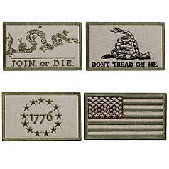 Набір шевронів 4 шт з липучкою JOIN OR DIE + DON'T TREAD ON ME + 1776 + Прапор США 5х8 см, вишитий патч нашивка шеврон