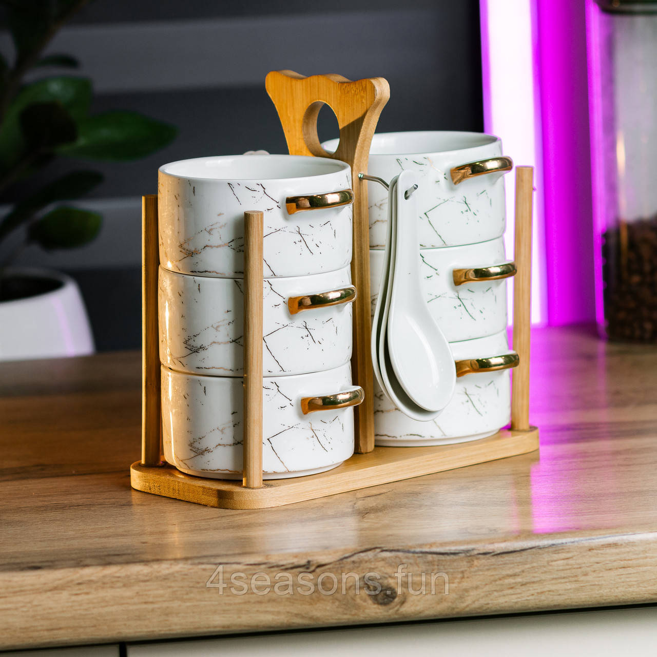 Суповой сервиз набор бульонниц 6 штук по 300 мл с ложками на деревянной ...