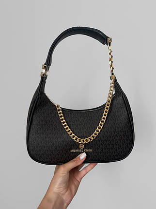 Жіноча сумка Michael Kors Black сумка багет Майкл Корс екошкіра чорна на 1 відділення з золотистим ланцюжком MK, фото 1