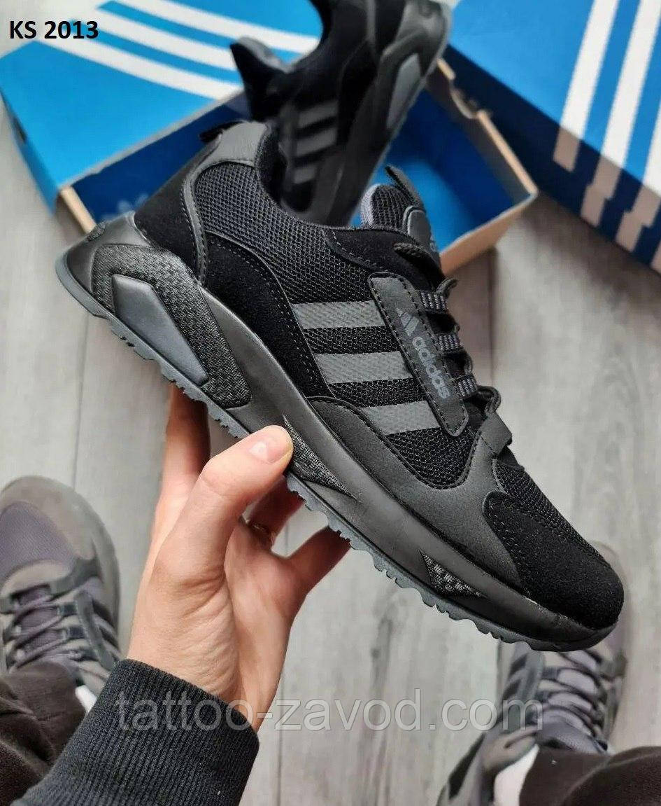 Кросівки чоловічі чорні шкіра + сітка 41 Adidas Boost, фото 1