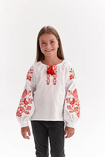Вишиванка для дівчинки "Птахи", дитяча біла блуза з червоною вишивкою