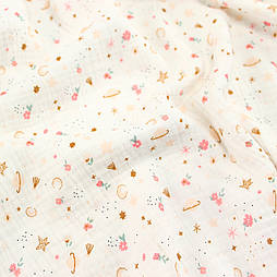 Двошаровий жатий муслін ширина 150 см дрібний принт на білому "Квіти та планети" № МЖ-3-109