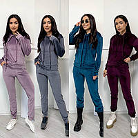 Жіночий велюровий спортивний костюм з капюшоном: 42-44, 46-48, 50-52 - чорний, графіт, бордо, смарагд, блакитний