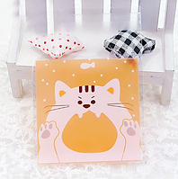 Пакети Котик помаранчевий подарункові прозорі прозорі з липкою стрічкою фасувальні 14х14х3 см набір 10 шт