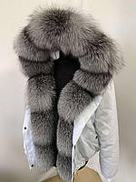 Женский зимний бомбер, куртка белая с натуральным мехом блюфрост, 42-60 размеры