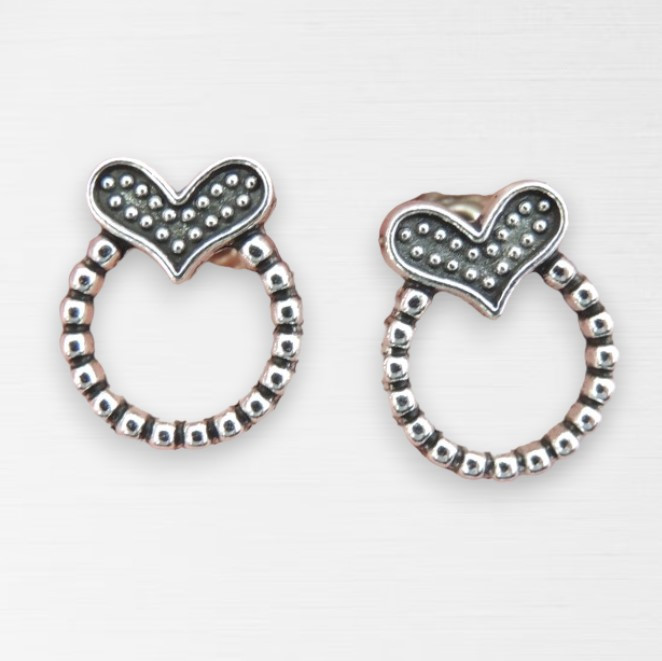 Жіночі сережки гвоздики в стилі Бохо ретро Сердечка 1.1 см сріблясті fatr1547, фото 1