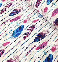 Хлопковая ткань польская перья с бусинами сине-бордовые на белом (0199)