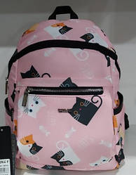 Рожевий рюкзак жіночий тканинний маленький у кошенятах із кишенею на блискавці Dolly 386 один відділ 25х35х15 см