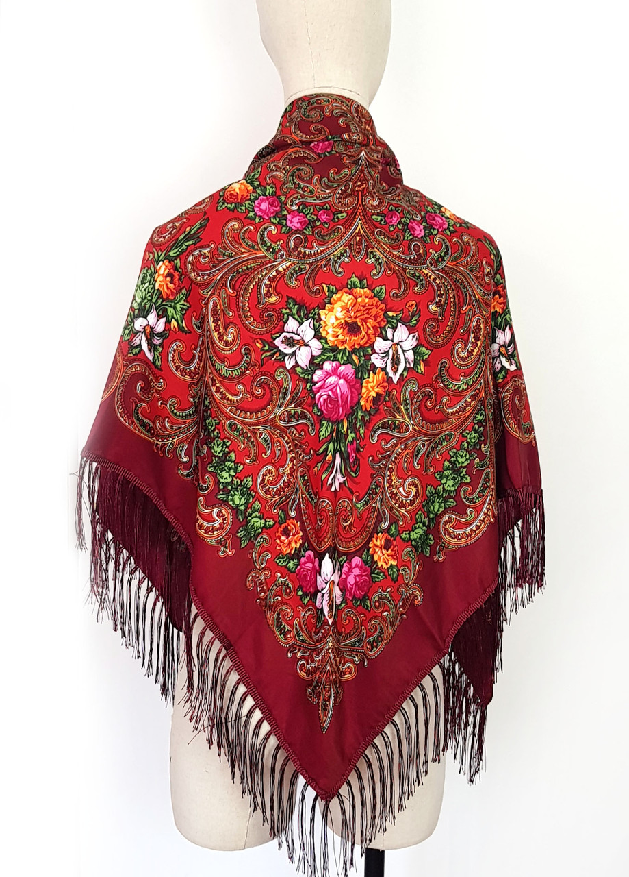 Хустка народна українська з квітами з тороками Марта 110*110 см ічервона/бордр, фото 1