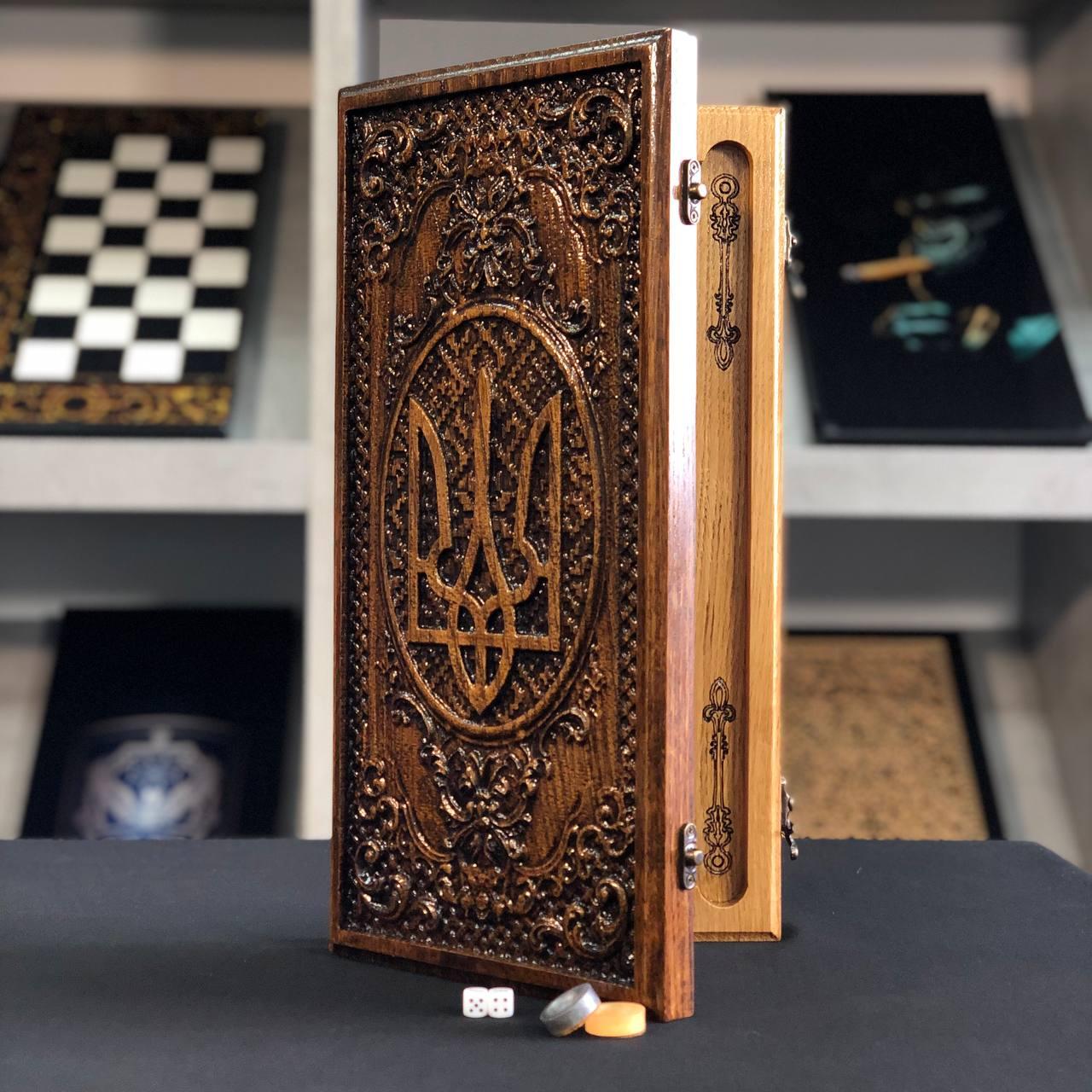 Нарди дерев'яні ручної роботи Тризуб, 40×20см подарункові, фото 1