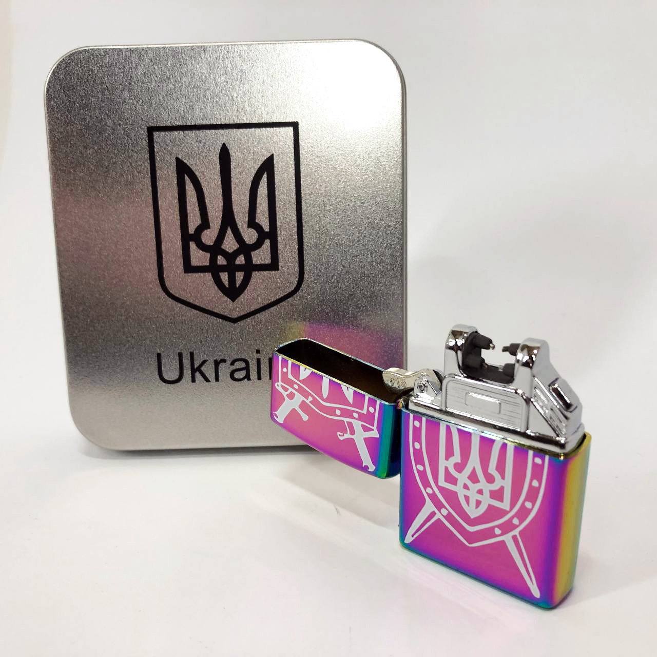 Дугова електроімпульсна запальничка USB Україна металева коробка HL-446. Колір: хамелеон, фото 1