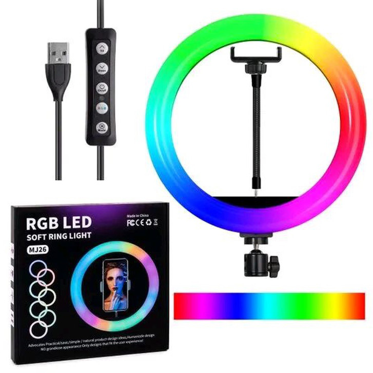 Кільцева світлодіодна лампа RGB LED RING MJ26 26 см з утримувачем телефону, кільцева лампа велика, фото 1