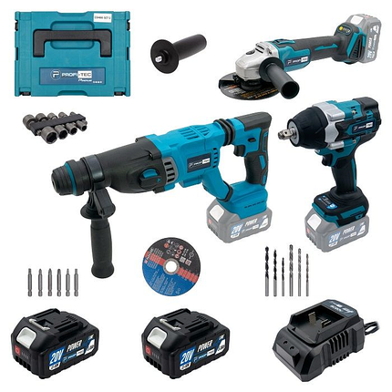 Набір акумуляторний інструментів PROFI-TEC Combo Set 3/5 POWERLine PBH201BL, DTW800BL, DGA20BL : з АКБ 2шт-20V 4.0Ач+ЗП, фото 1