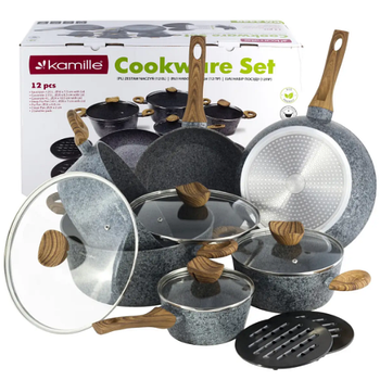 Набір посуду 12 предметів (каструлі d20-2,3л/d24-4,5л/d28-6,5л/ковш d16-1,5л/сот.d28/сков.24см+підставки) 4440