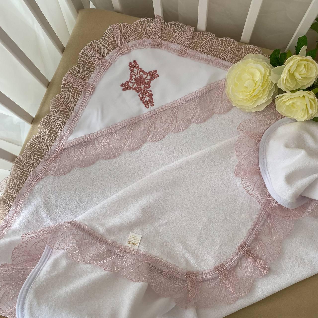 Крижма "Ніжність перлин" подвійна махра 100*100 см Betis Білий з пудровим, фото 1