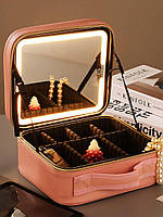 Косметичка портативна з дзеркалом і LED-підсвіткою дорожня, б'юті-кейс Рожева