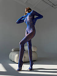 Синій бодістокінг з в сіточку з вишивкою