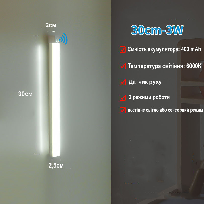 Світлодіодний безпроводовий світильник з датчиком руху USB 30 см на 21 лед лампу, фото 1