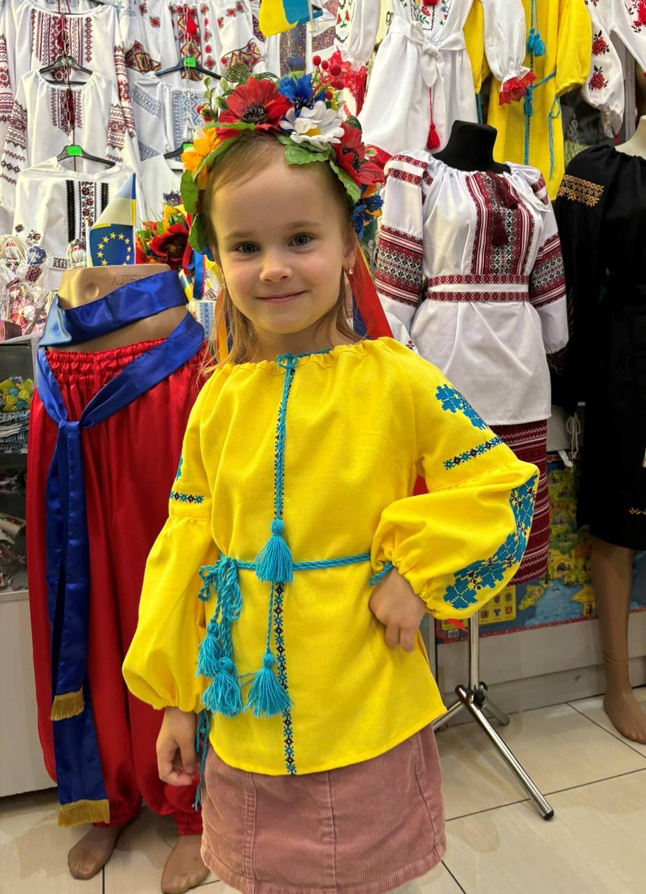 Вишита блуза дитяча, жовте домоткане полотно, "Мрія"
