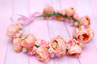 Вінок для волосся / віночок на голову пишний з квітами персиково-рожевий 765