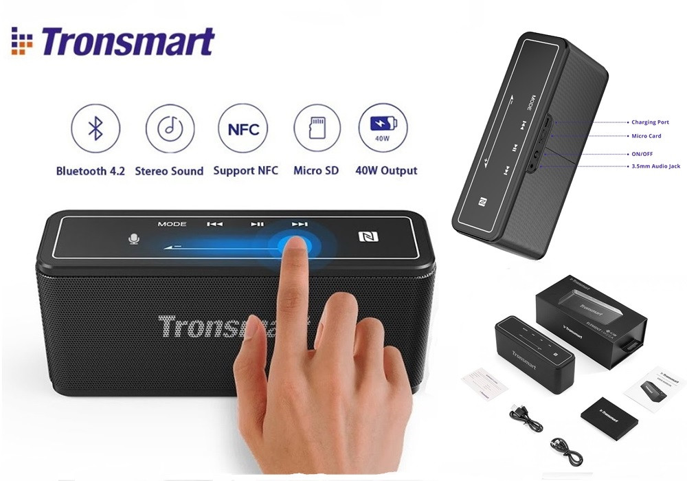 Колонка Tronsmart element MEGA +Touch Control (40W, 6600mAh, NFC, IPX-5, USB-C, AUX, MicroSD, Voice Assistant)