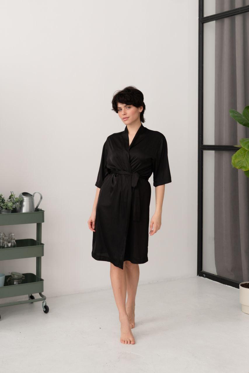 Чорний жіночий шовковий халат із заходом із шовку армані стильний красивий халатик для ранку нареченої, фото 1