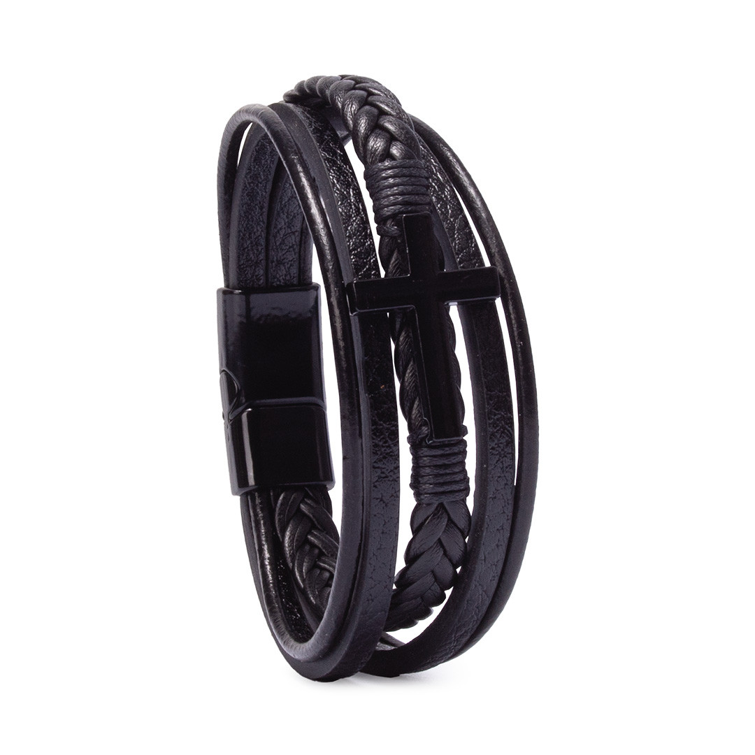 Браслет на руку з хрестиком шкіряний чорний арт.00171