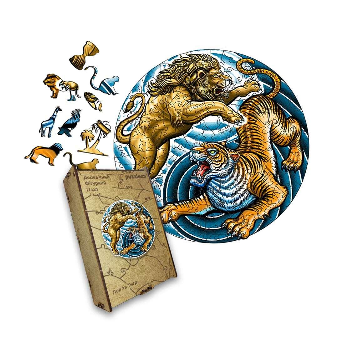 Пазл дерев'яний Лев та Тигр, А5, Картонна коробка