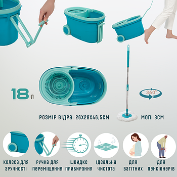 Набір для прибирання: відро на колесах, з ручкою на 18л, швабра та моп круглий