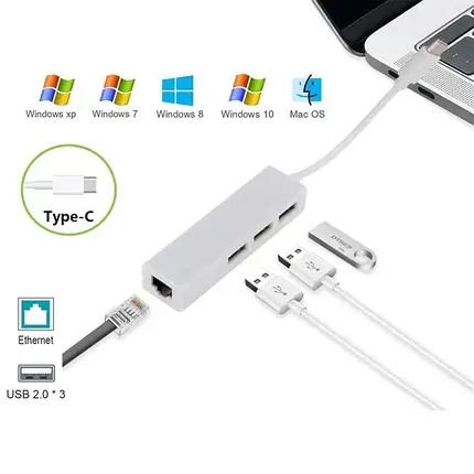 Концентратор адаптер USB 3.1 Type-C — RJ45 LAN (10/100) / 3 port USB 2.0, фото 1