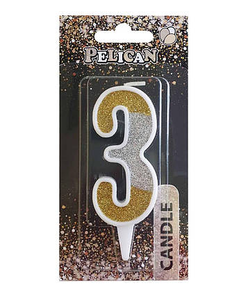 Свічка для торта цифра "3" срібна ЗОЛОТА 7 см, TM Pelican 867033 KNZ, фото 1