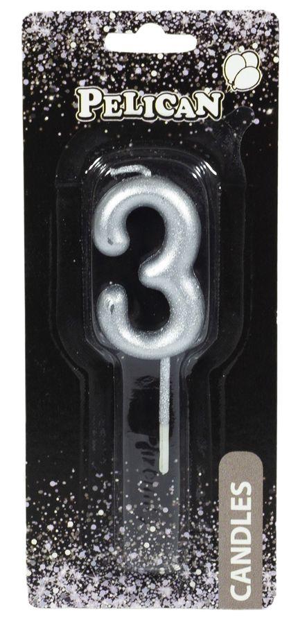 Свічка для торта Pelican, "3" срібло 4,5см 864523 KNZ