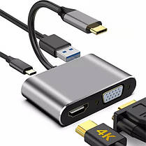 USB-хаб Перехідник USB Type-C — HDMI + VGA + USB 3.0 + PD 87W, Grey, фото 3