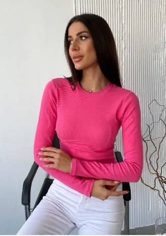 Лонгслів молодіжний в кольорі фуксія оздоблена швом під грудьми, кольори в асортименті розмір 38-46, фото 3