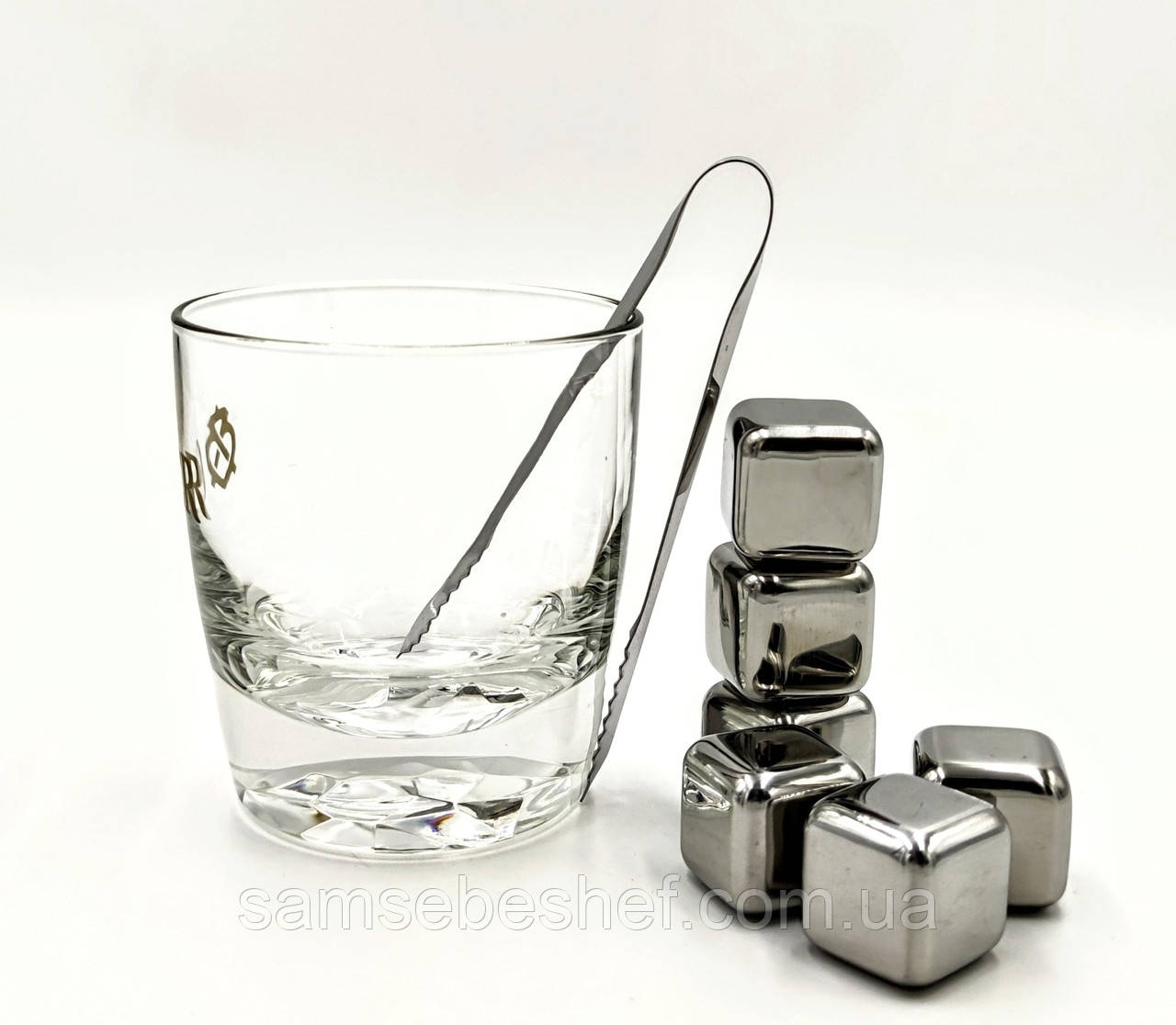 Камені для віскі з нержавіючої сталі 6 штук + щипці, фото 1
