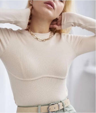 Красивий лонгслів в бежевому кольорі, кофта оздоблена швом під грудьми, кольори в асортименті розмір 38-46, фото 1