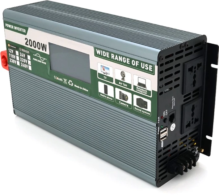 Інвертор напруги Demuda DMDPSW-2000W, 12V/220V, 2000 W з правильною синусоїдою, 2 універсальні ро
