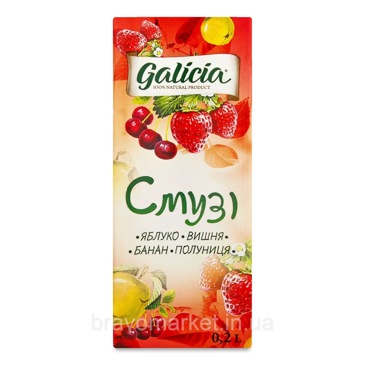 Сік Galicia Смузі яблуко-вишня-банан-полуниця з м'якоттю 200 мл, фото 1