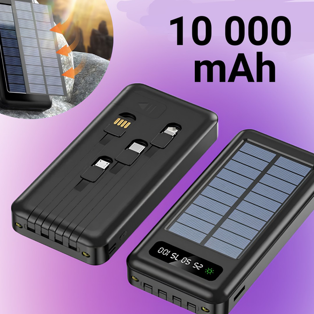 Повербанк 10000mah зі швидкою зарядкою перехідниками ліхтариком і сонячною панеллю LCD дисплей Power Bank