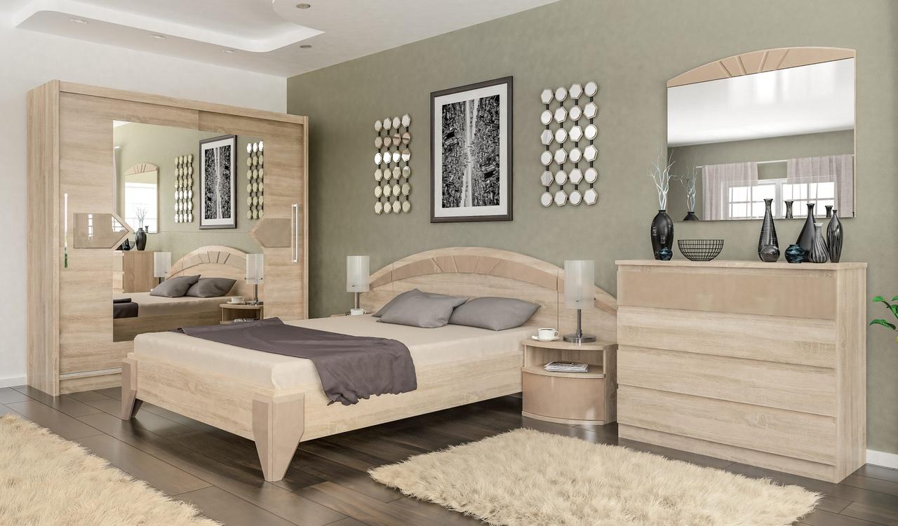 Сучасний комплект модульних меблів в спальню з ліжком приліжковими тумбами комодом дзеркалом та шафою купе Аляска Мебель Сервіс, фото 1