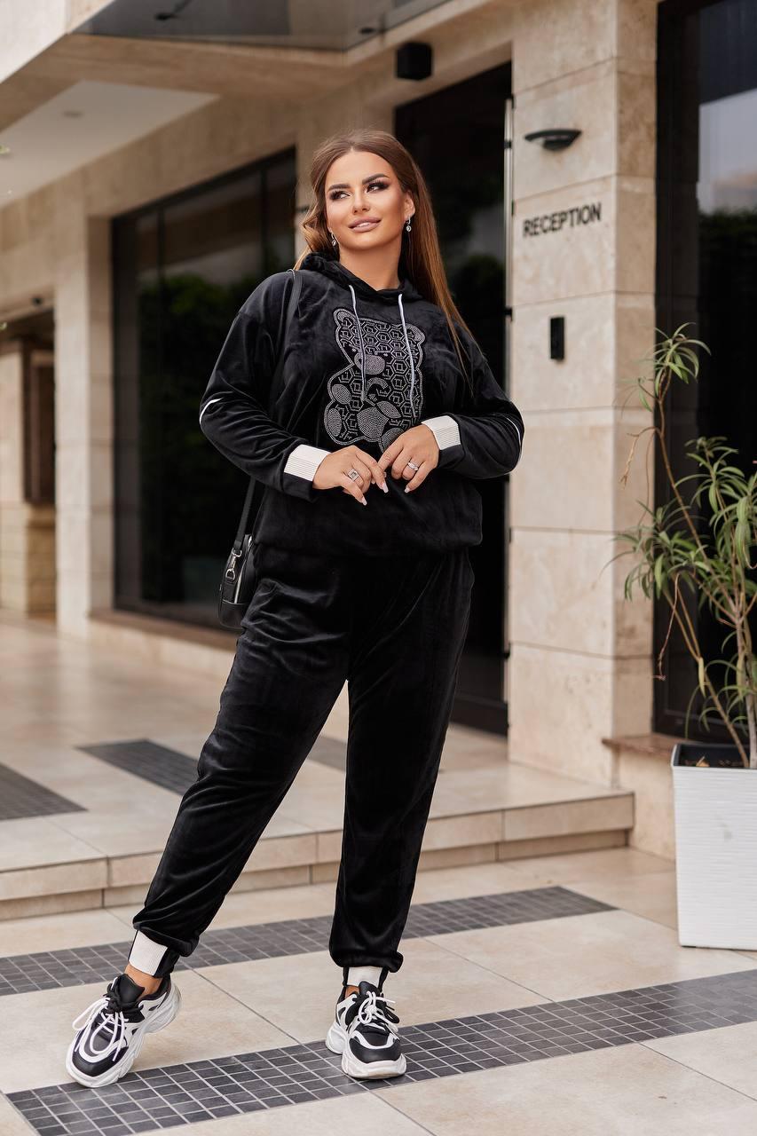 Жіночий велюровий спортивний костюм зі стразами велюр спорт штани і батник великого розміру, фото 1