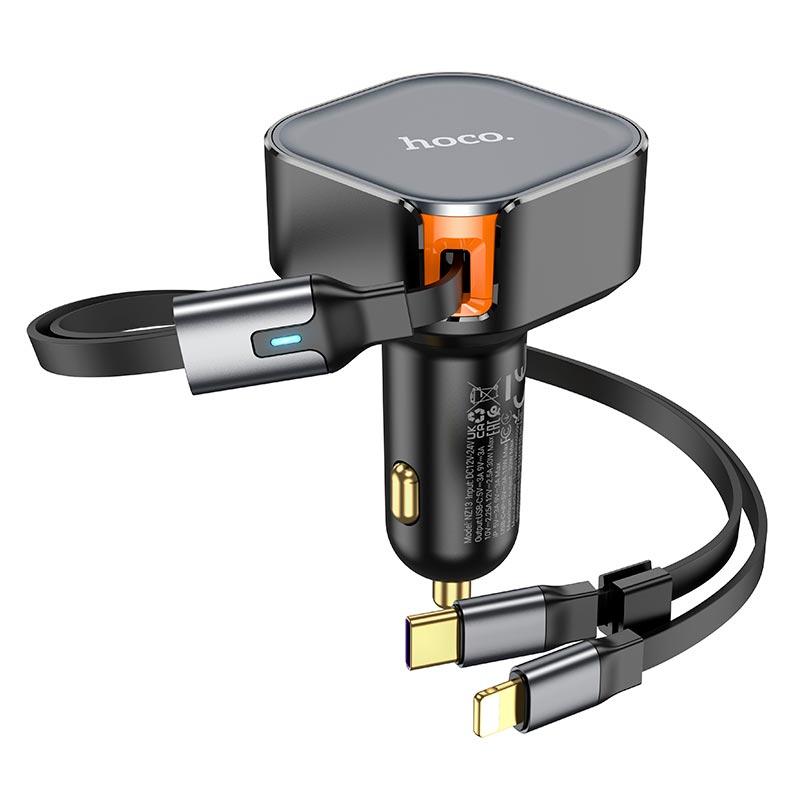 Адаптер автомобільний Hoco Clever PD30W Car charger with telescopic cable NZ13 (Type-C + iP) чорний