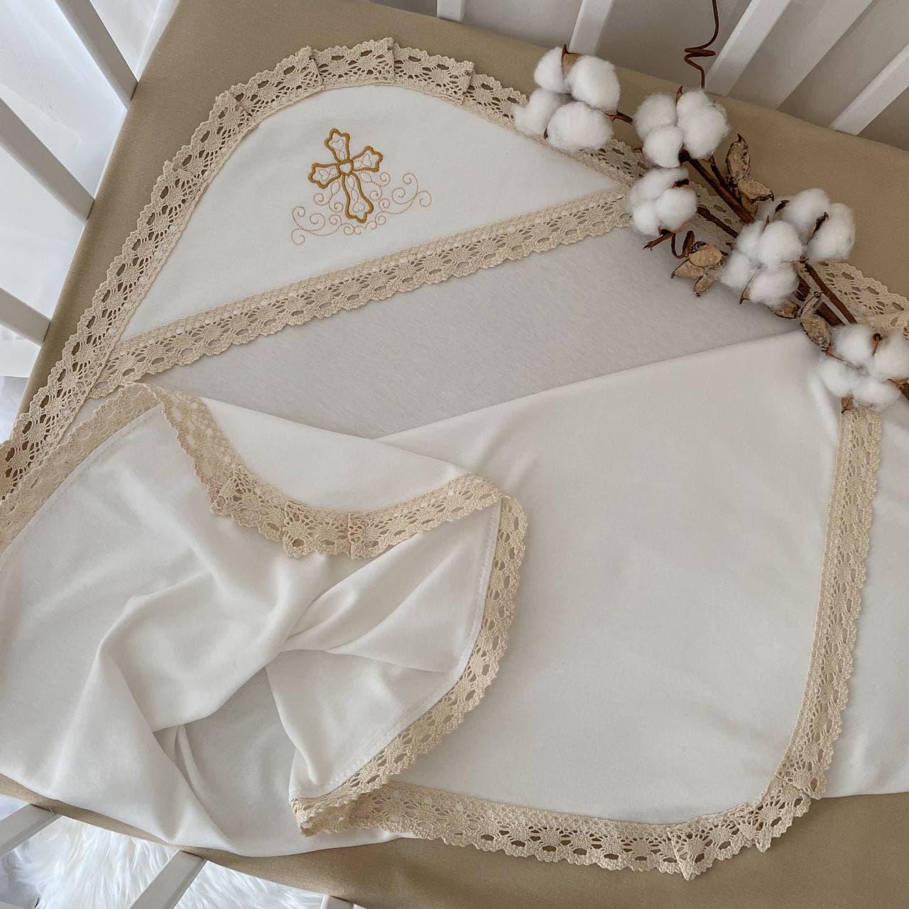 Крижма "Чарівний янгол" інтерлок 75*80 см Betis Молочний із золотим, фото 1