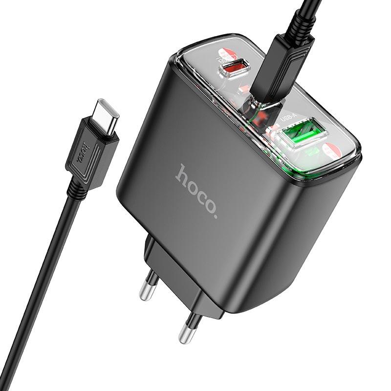 Адаптер мережевий HOCO Type-C to Type-C Cable Smart charger CS44A |2Type-C/1USB, QC/PD, 65W/3A| чорний, фото 1