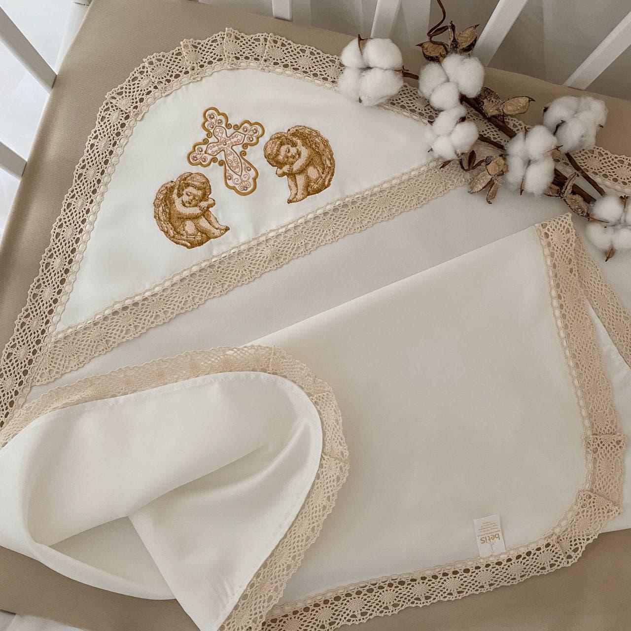 Крижма "Талісман янгола" атлас, кулір 75*80 см Betis Молочний із золотим, фото 1