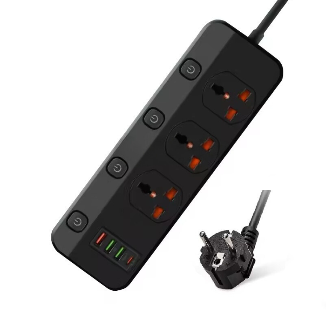Мережевий фільтр BKL-123 на 3 розетки 1 PD20W + 1 QC3.0 + 2 USB, 100-250V, 10А, чорний