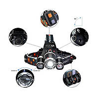 Акумуляторний налобний лід ліхтар Bailong / Boruit BL RJ 3000 T6. Зарядка 220В та 12В + 2 батареї, фото 4