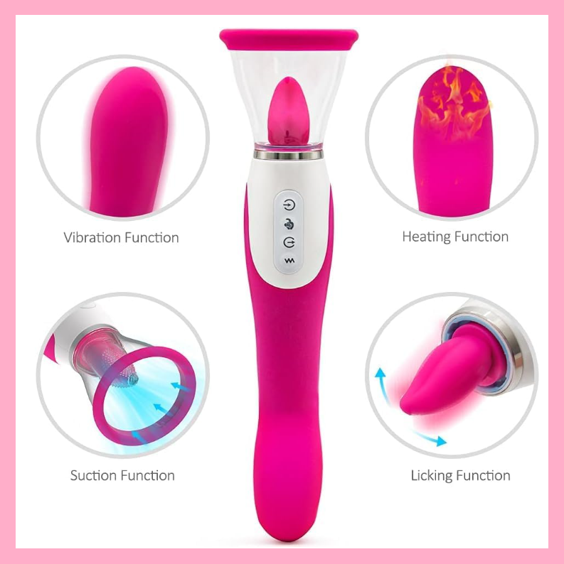 Вібратор із вакуумом і язичком, Двосторонній вібратор, Вагінально кліторальний стимулятор, Інтимні іграшки, фото 1