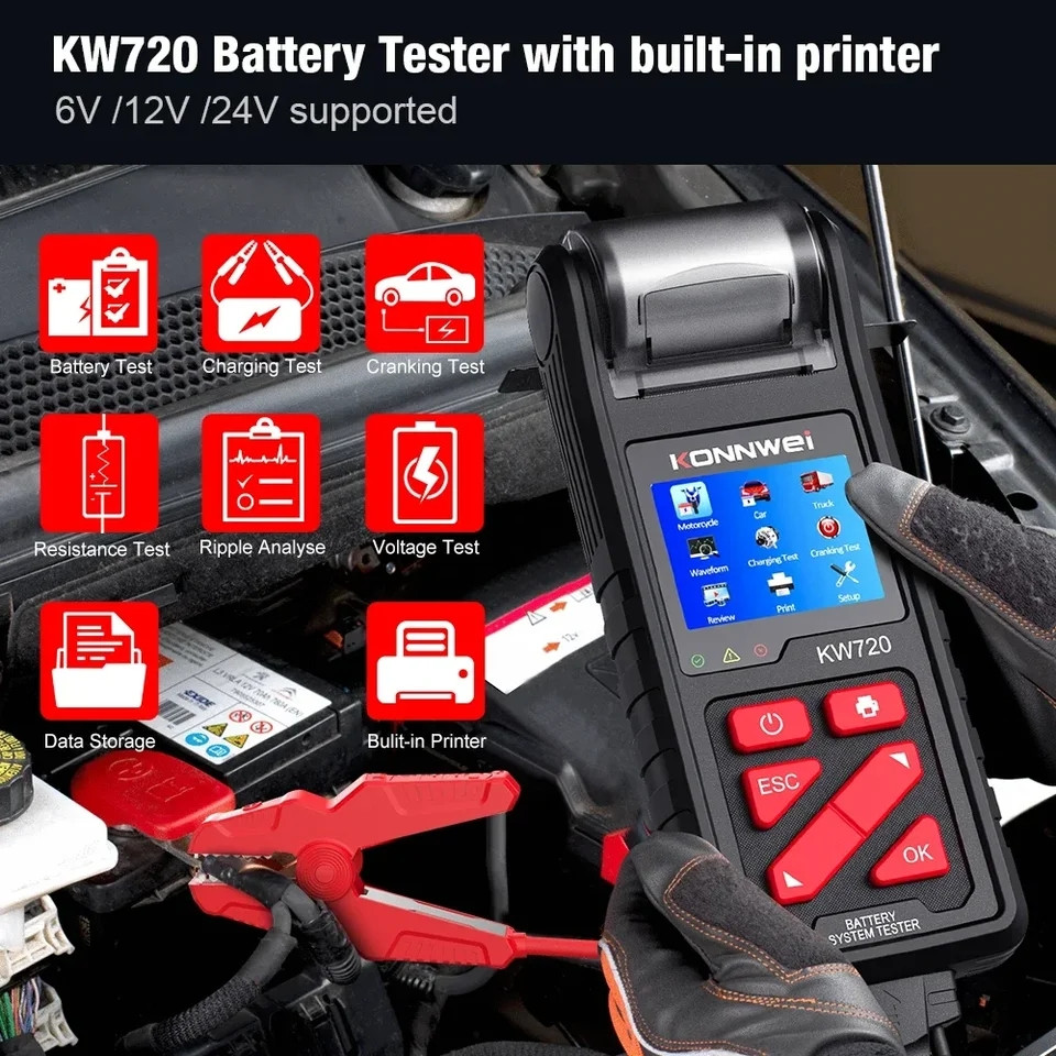 Konnwei KW720 - тестер АКБ для авто, вантажівок і мотоциклів
(6-12-24V AGM GEL EFB)