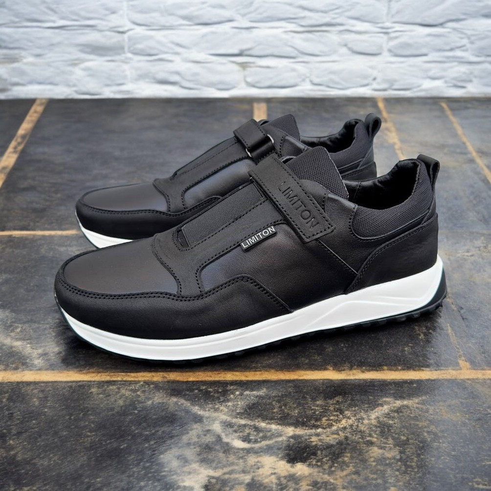 Чоловічі шкіряні кросівки (натуральна шкіра) чорні демісезонні, чоловіче взуття весна осінь, розмір 40 41 42 43 44 45, фото 1